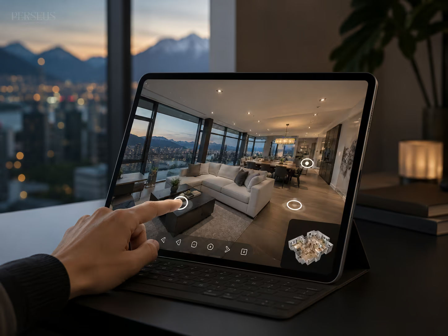 Tablet displaying an interactive 3D virtual tour of a modern Vancouver condo with navigation points and city views in the background.