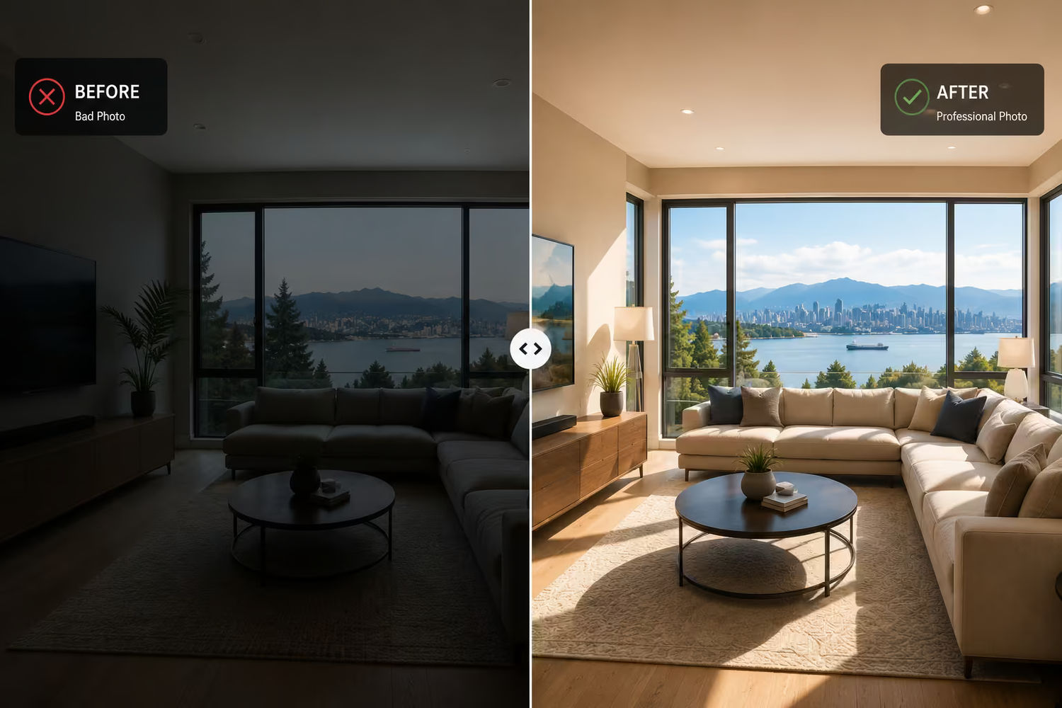 Before and after comparison of a Vancouver real estate listing photo, showing a dark underexposed living room beside a bright professional property photo with balanced lighting and clear views.