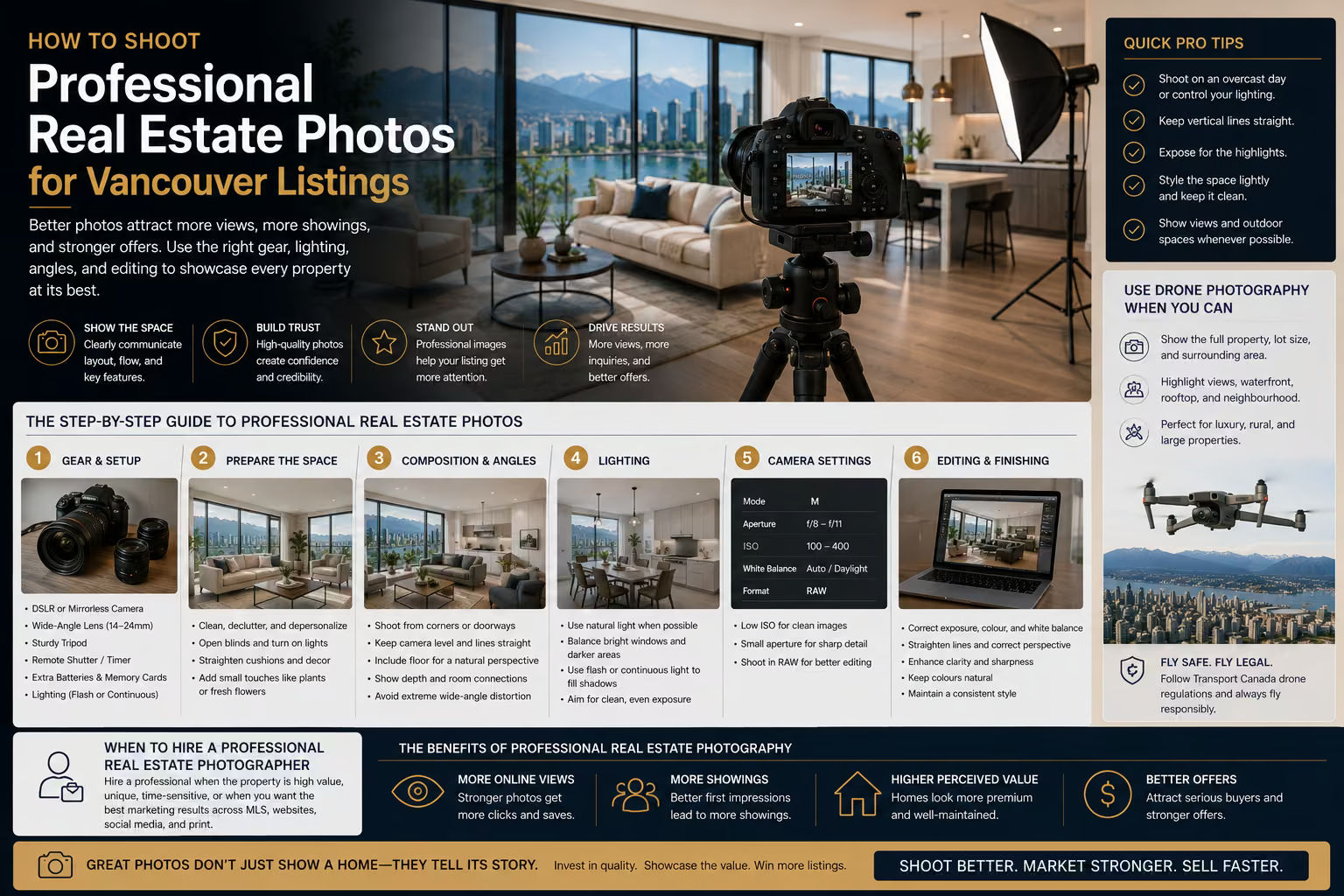 Professional real estate photography setup for a Vancouver listing showing a camera on a tripod, interior lighting, wide-angle composition, editing workflow, and drone photography guidance.