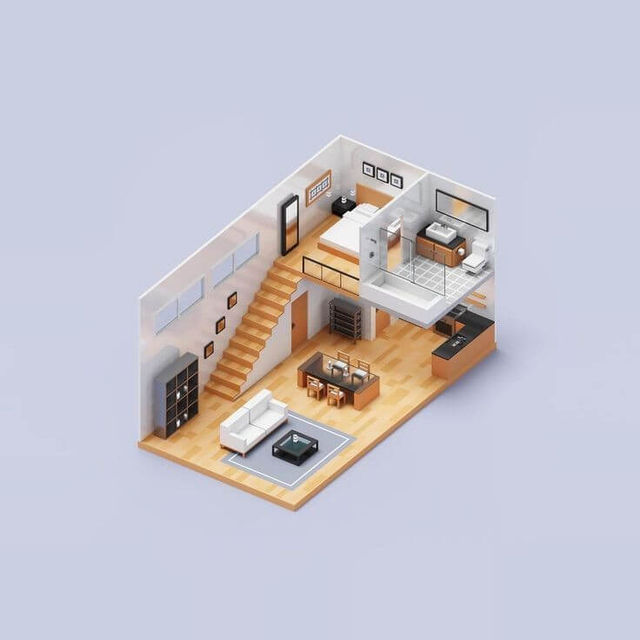Rendered 3D architectural model of a modern residence.