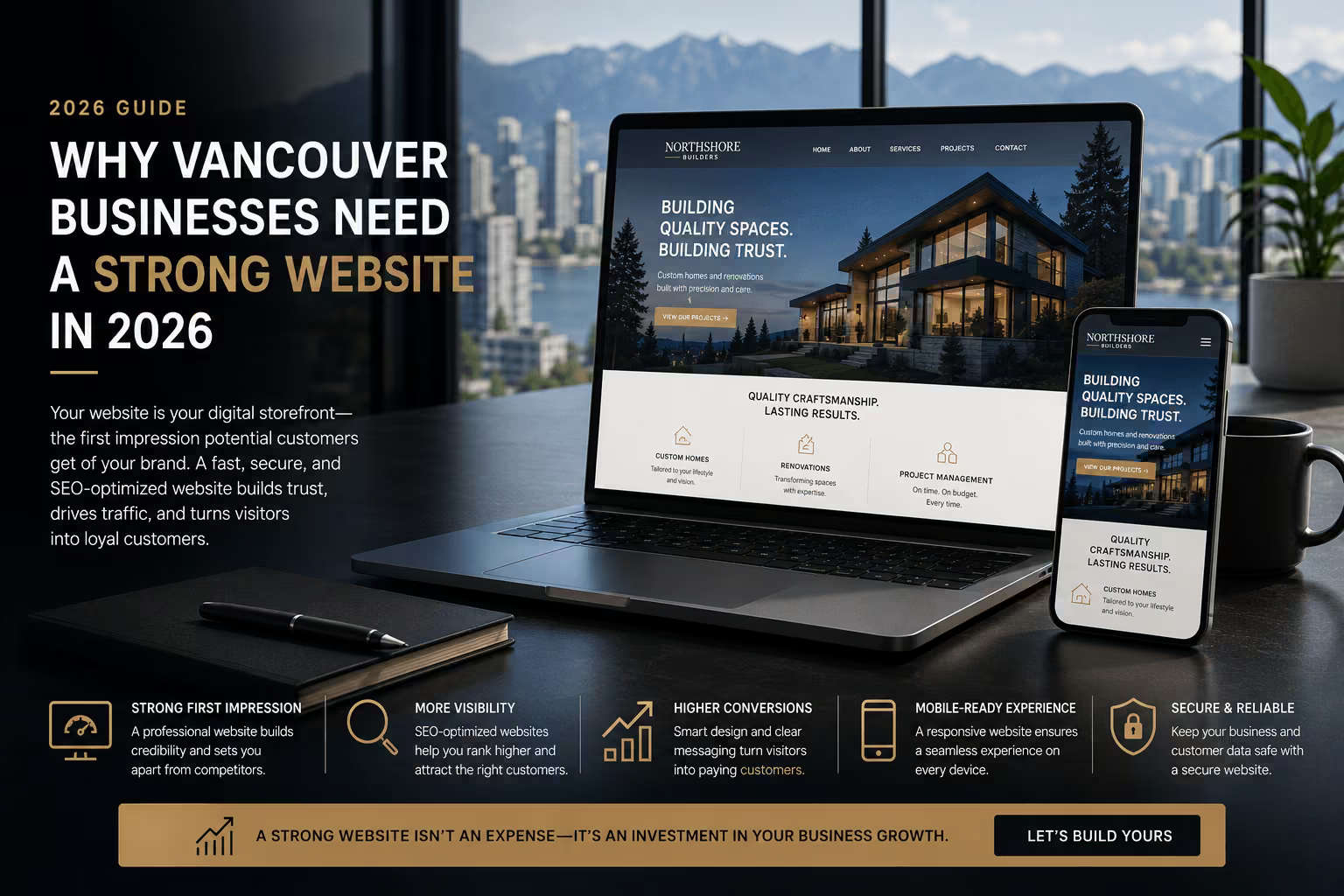 Modern Vancouver business website displayed across desktop and mobile screens, showing a fast, responsive, SEO-friendly web design built to improve trust, visibility, and conversions.