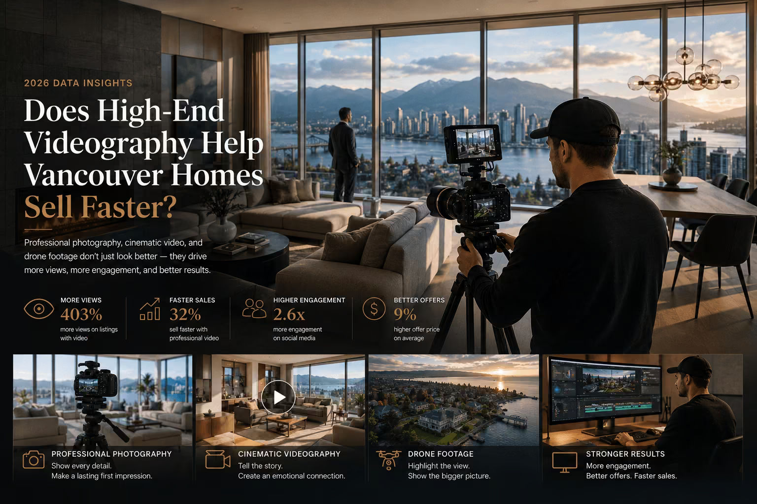 Cinematic real estate media production scene inside a luxury Vancouver home showing professional videography, photography, drone footage, and editing workflow for a property listing.