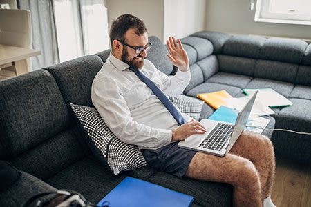 Zoom conferencing with dress shirt in boxers