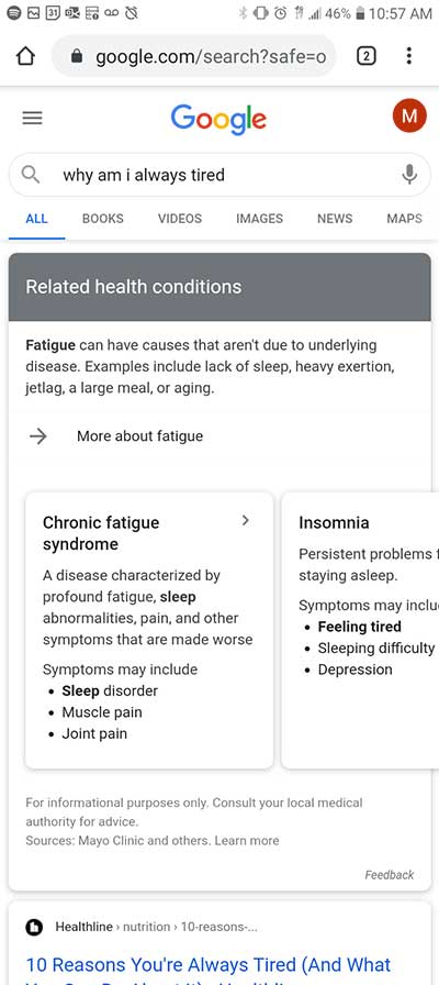 Related health conditions search snippet shows scrollable conditions that might cause fatigue