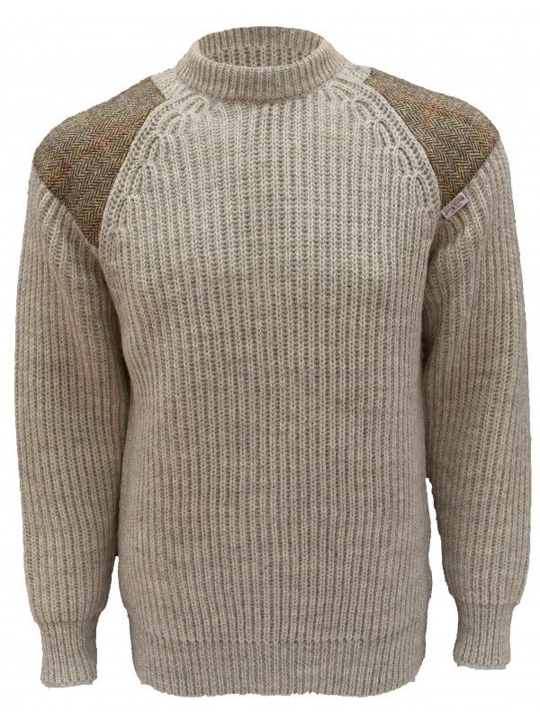 TW Kempton Gamekeeper- Chunky crew neck sweater with Harris Tweed ...