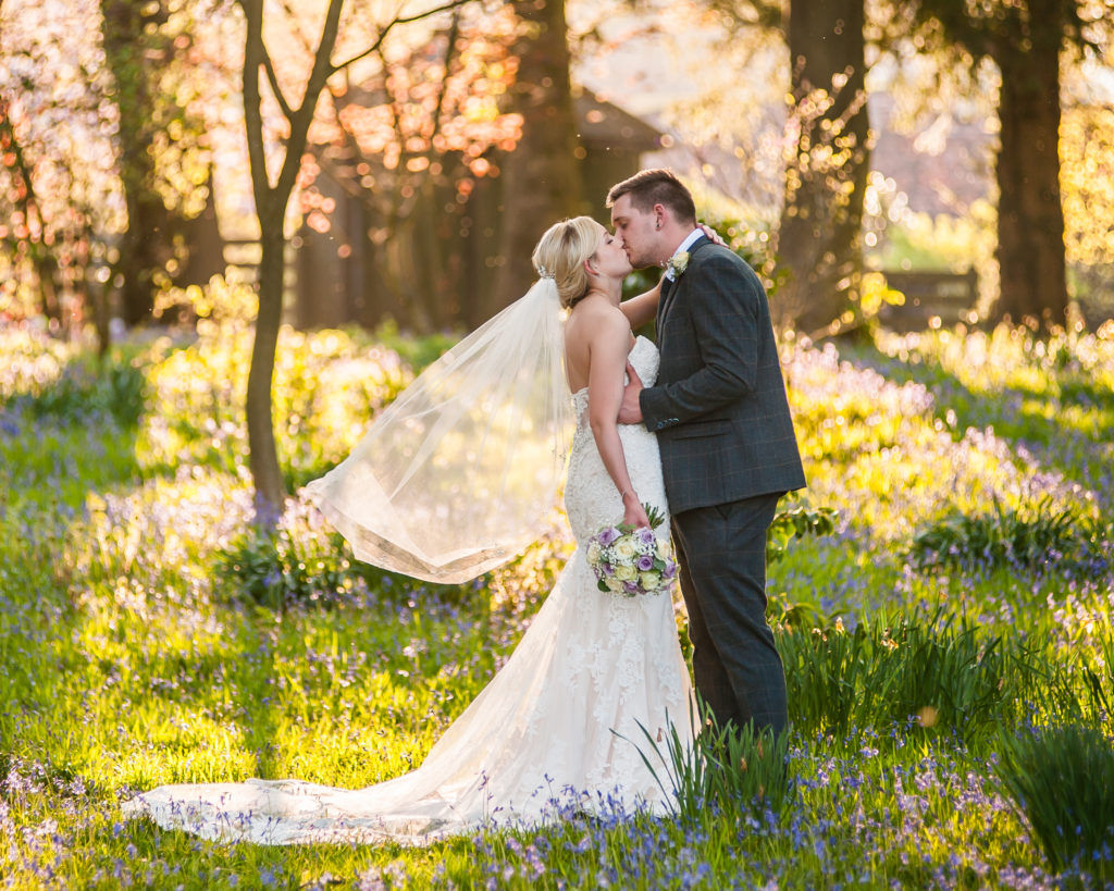 Bride and groom kissing in bluebell wood, Wortley Hall, Sheffield wedding photography
