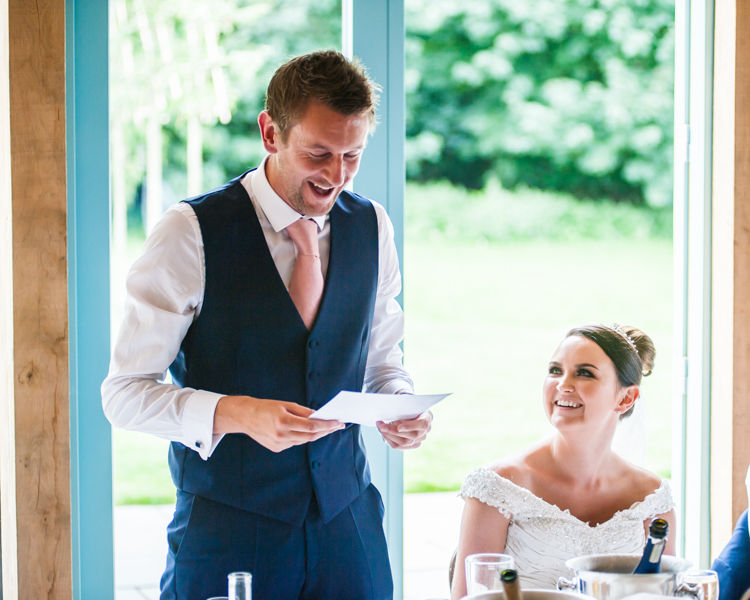 Hazel Gap Barn wedding speeches - groom Scott making everyone laugh
