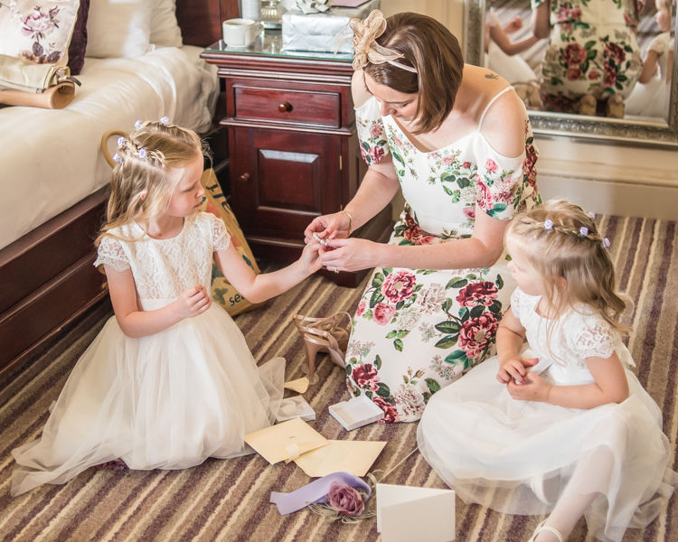 bridesmaids looking at gifts in Wortley Hall