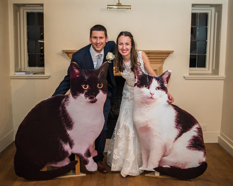 Posing with cat cut outs Sheffield wedding photographers Whirlowbrook Hall