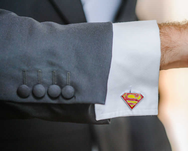 Groom superman cufflinks Hellaby Hall wedding photographers Rotherham