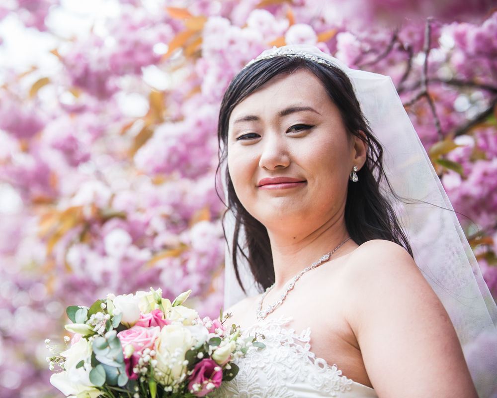 Bride and blossom, Sheffield wedding photographer, Chinese wedding