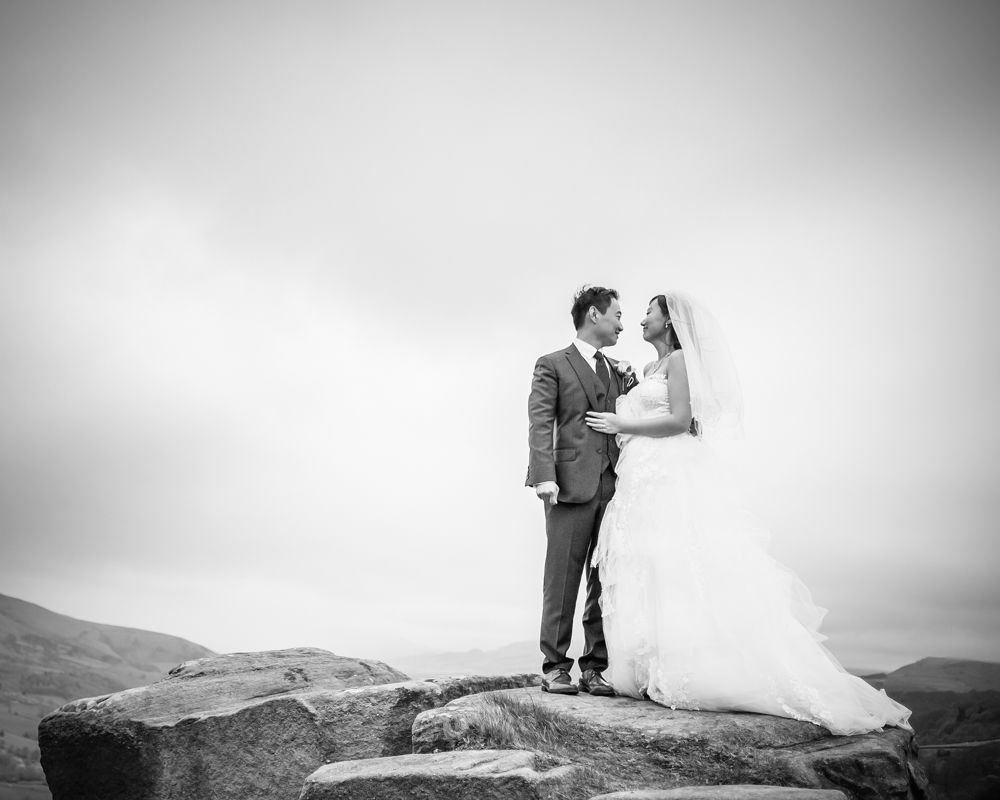 Bride and groom on rocks at Surprise View, Sheffield wedding photographer, Chinese wedding