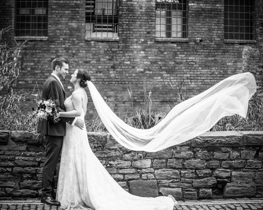 Veil blowing in wind, Kelham Island wedding, Sheffield photographers