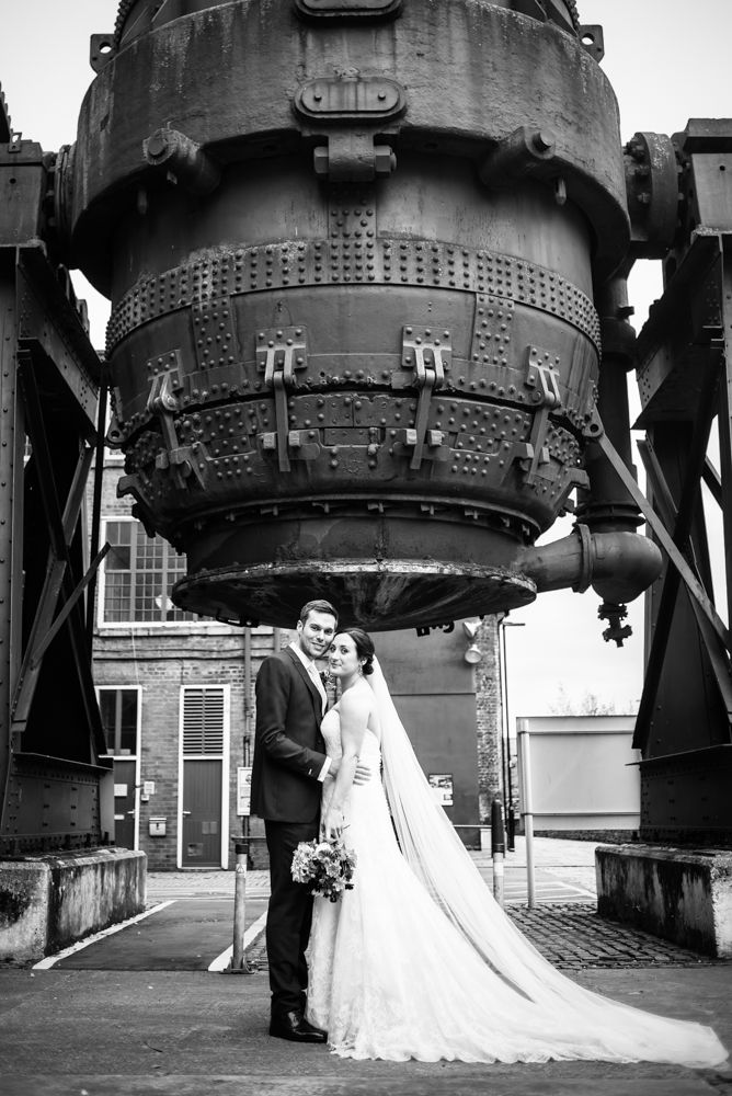 Outside cooling steel pot, Kelham Island wedding, Sheffield photographers