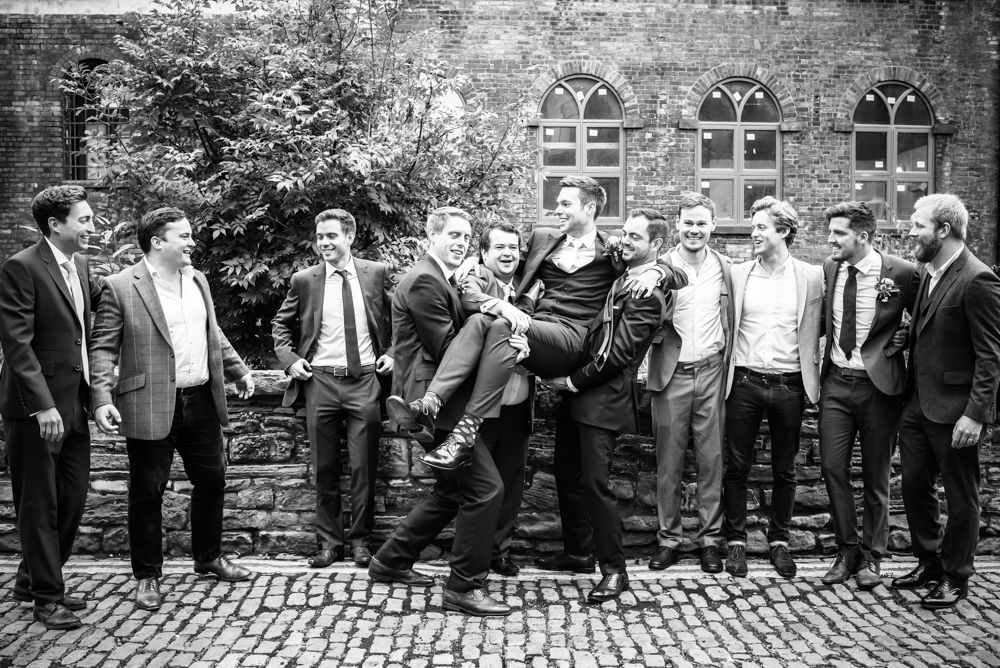 Groomsmen joking around, Kelham Island wedding, Sheffield photographers