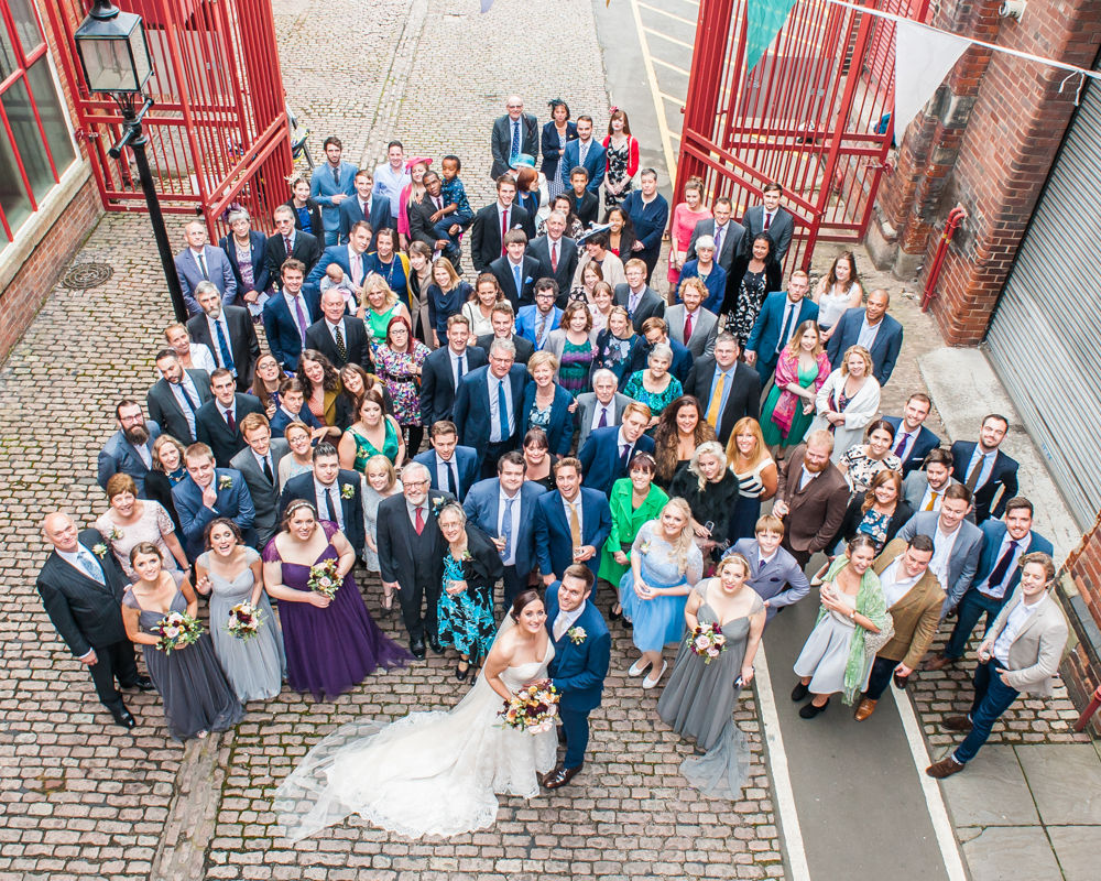 Group photo from above, Kelham Island wedding, Sheffield photographers