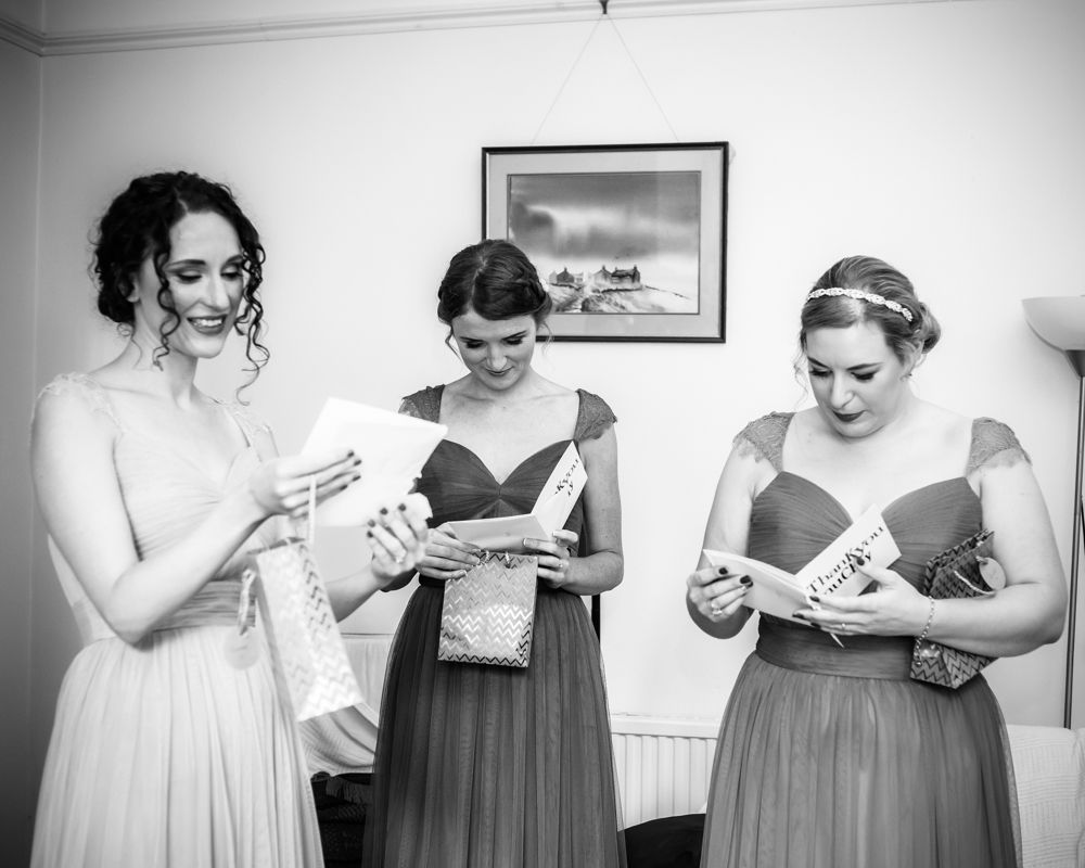 Bridesmaids reading cards, Kelham Island wedding, Sheffield photographers