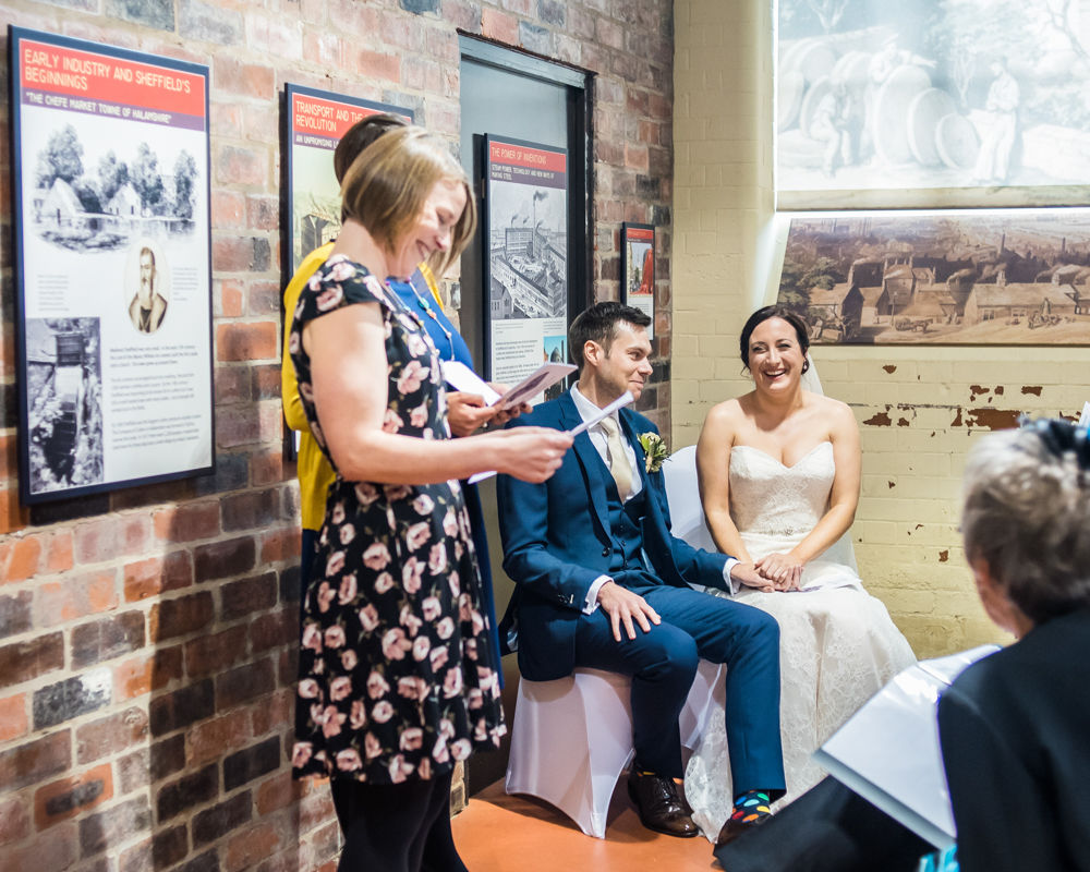 Friends reading, Kelham Island wedding, Sheffield photographers