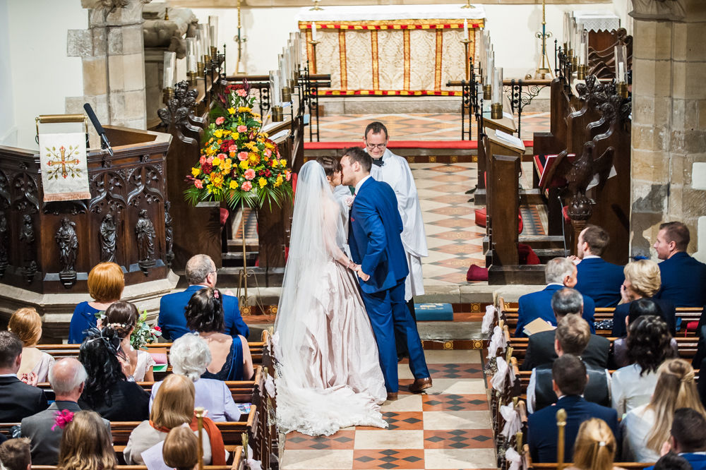 First kiss, St James Church, Sheffield wedding photographers
