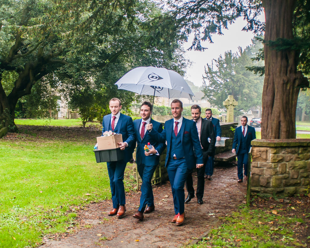 Groomsmen walking to church, Maynard wedding, Sheffield photographers