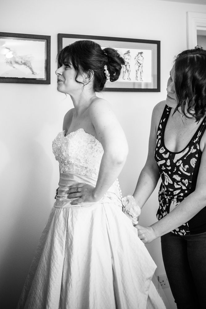 Bride getting dress on, Maynard wedding, Sheffield photographers