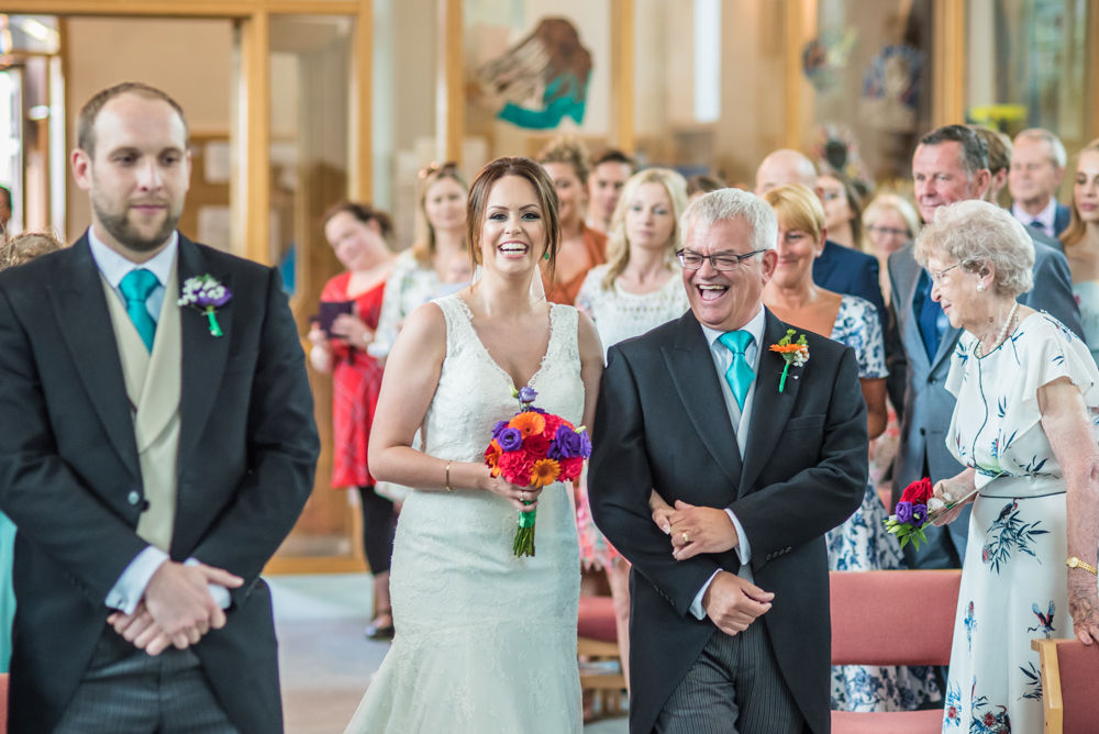 Bride and Dad walking up aisle, Sheffield wedding photographers, Christ Church Stannington