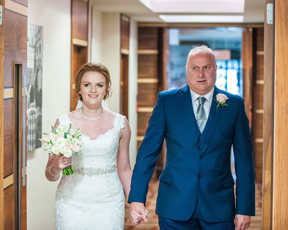 Bride and Dad walking down aisle, Chesterfield wedding photographer, Casa Hotel
