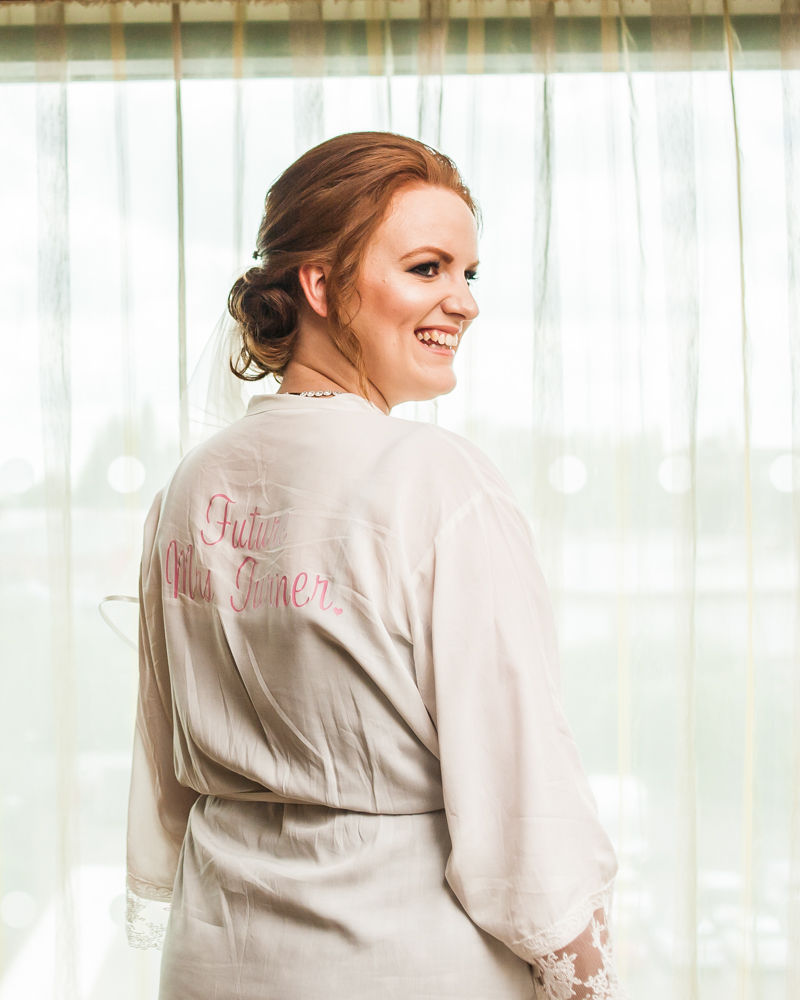 Kate in her bridal dressing gown, Chesterfield wedding photographer, Casa Hotel