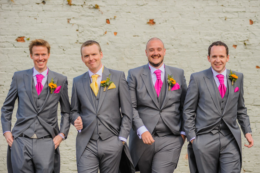 Groomsmen in bright ties, Sheffield wedding photographers, Smallshaw Farm Cottages