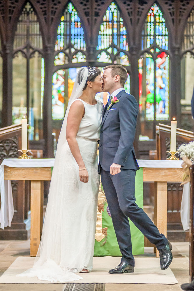 Bride and Groom first kiss, St Mary's Ecclesfield