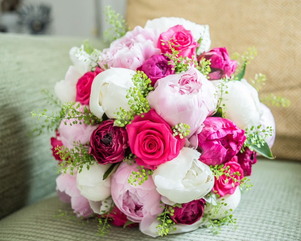 Brides pink peony bouquet, Sheffield wedding photographers