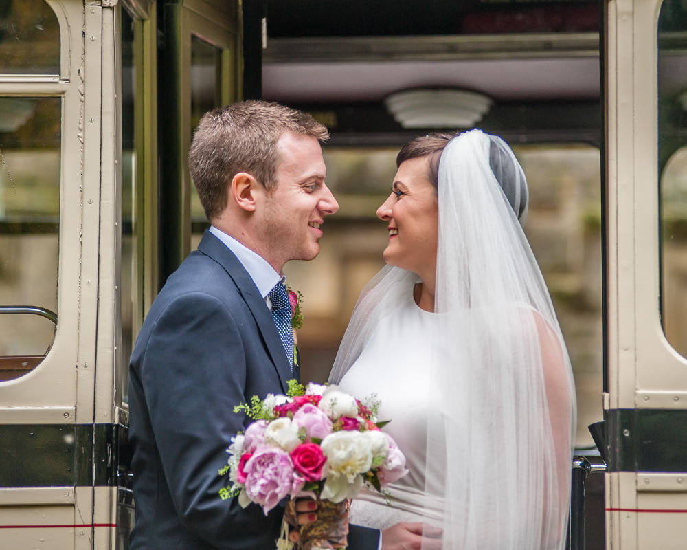 Bride and groom in vintage bus, Sheffield wedding photographers, Whirlowbrook Hall