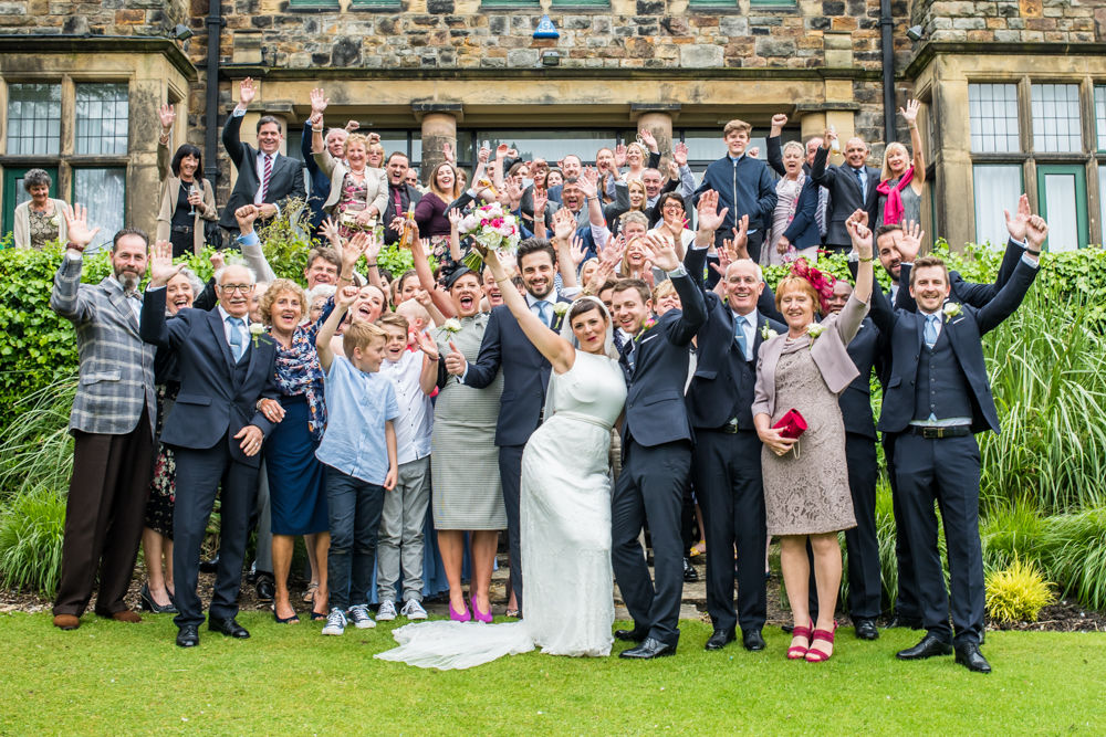 Group photo cheering, Sheffield wedding photographers, Whirlowbrook Hall