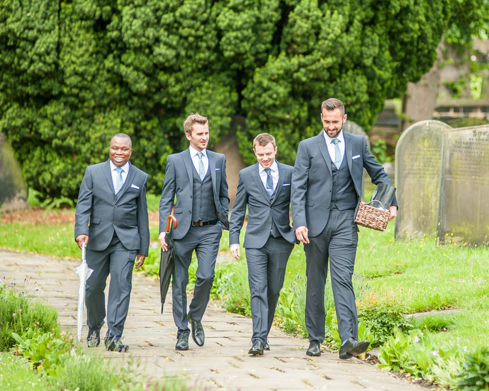Groomsmen walking to church, Sheffield wedding photographers