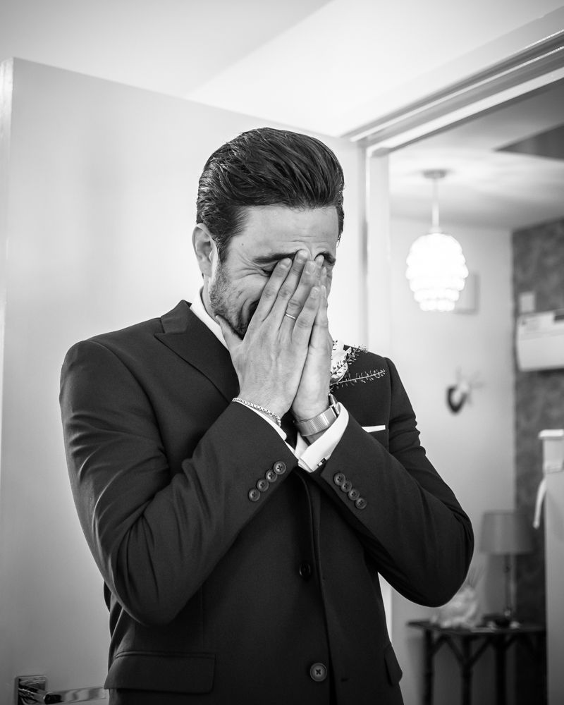 Brides brother crying when he sees bride, Sheffield wedding photographers
