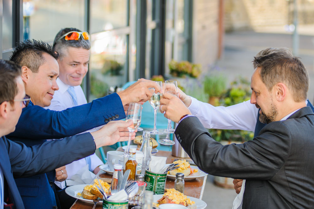 Groomsmen having breakfast before wedding, Kelham Island weddings, Sheffield