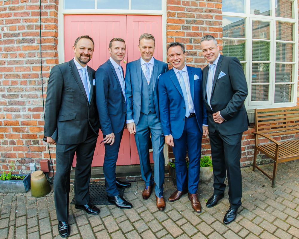 Kelham Island groomsmen posing, Sheffield wedding photographers