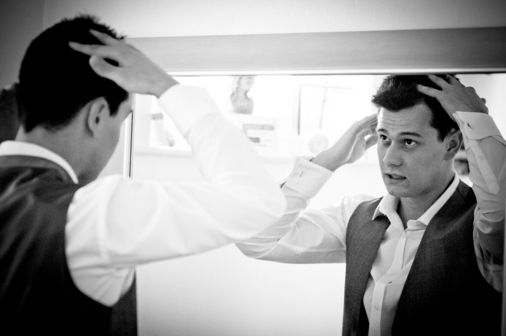 Groom styling hair, Wortley Hall weddings, sheffield
