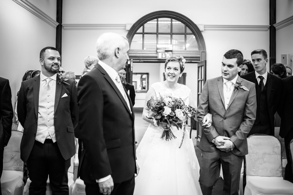 Janet walking up aisle, Sheffield town hall weddings