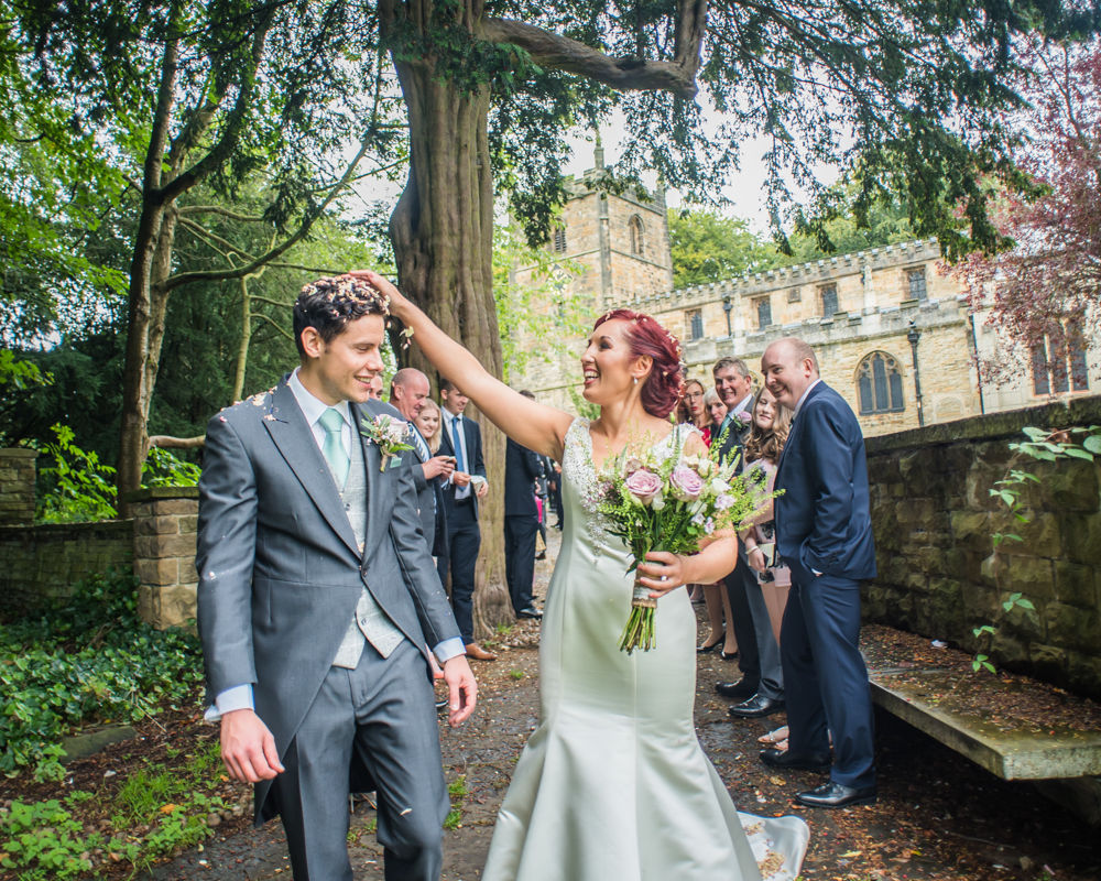 Confetti on head, Sheffield wedding photographers
