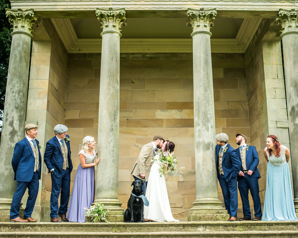 Bridal party on steps, Wentworth Castle Garden wedding, Sheffield photographers