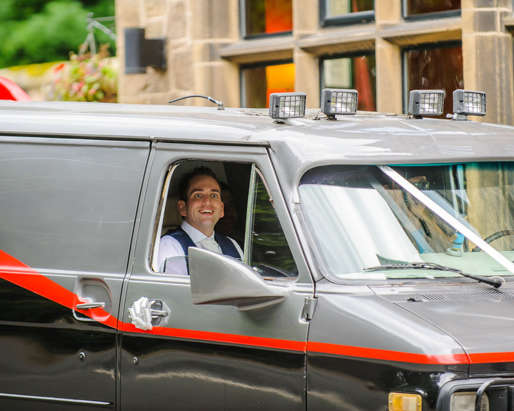 Groom arriving in A-team van, Maynard wedding photography Sheffield