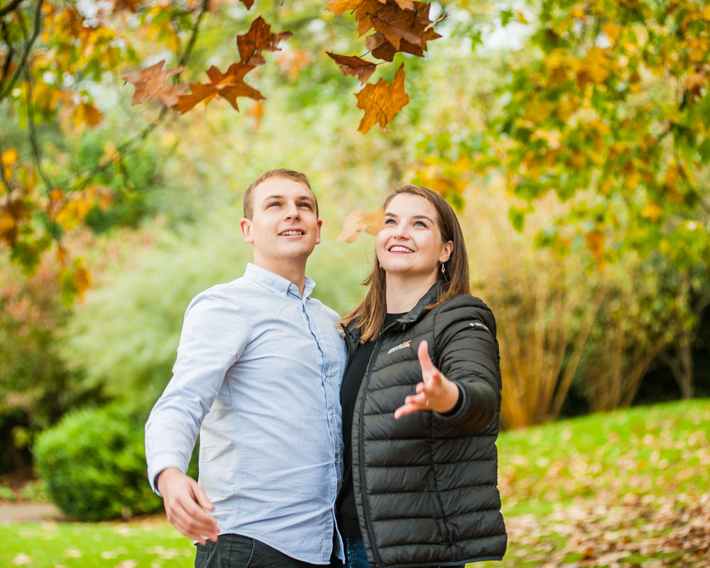 Leaf throwing engagement portraits, Cumbria photographers