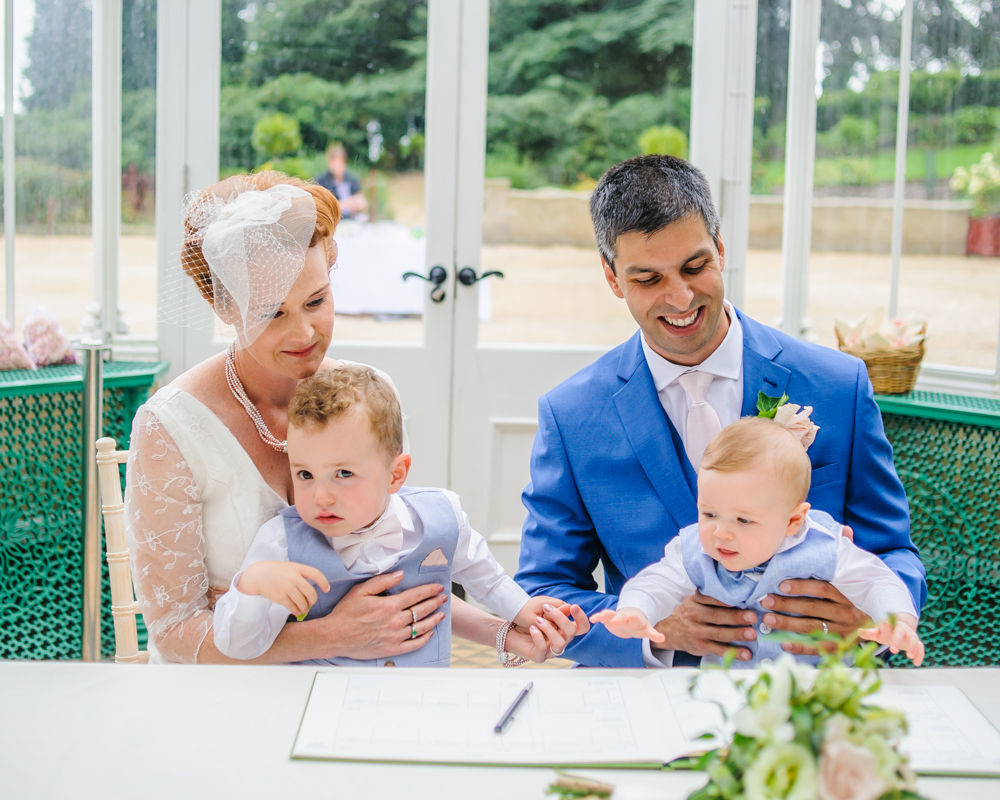 Bride and groom with pageboy sons. Wentworth weddings