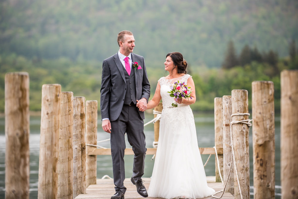 Walking down jetty, Lingholm wedding, Lake District