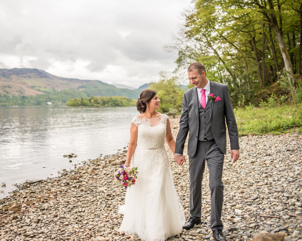 Laughing walking, Lingholm wedding, Lake District