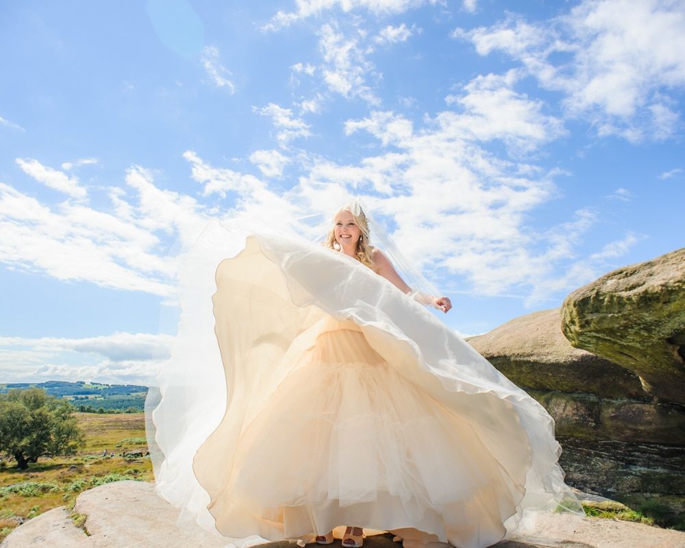 Dress catches the wind! Maynard wedding, Sheffield photographers