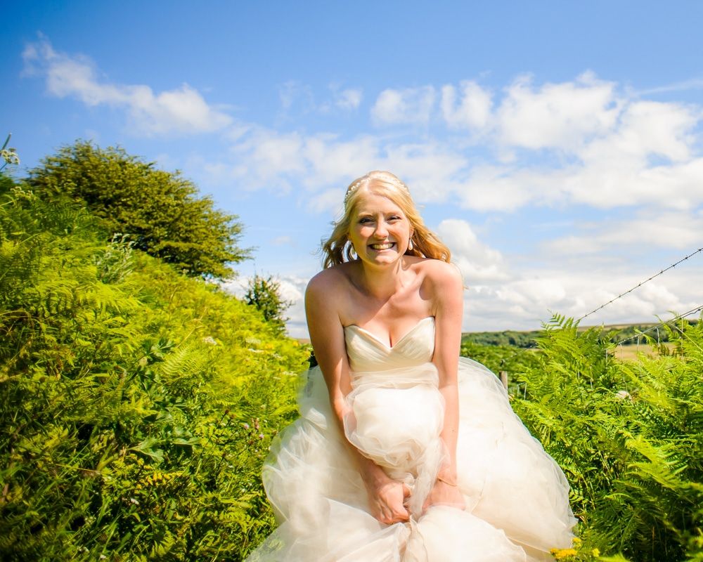 Trying to get dress down the lane, Maynard wedding, Sheffield photographers