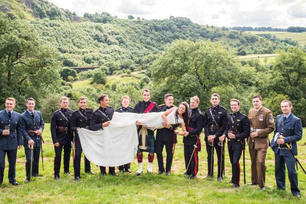 Bride carried on groomsmen portrait, Peak District weddings