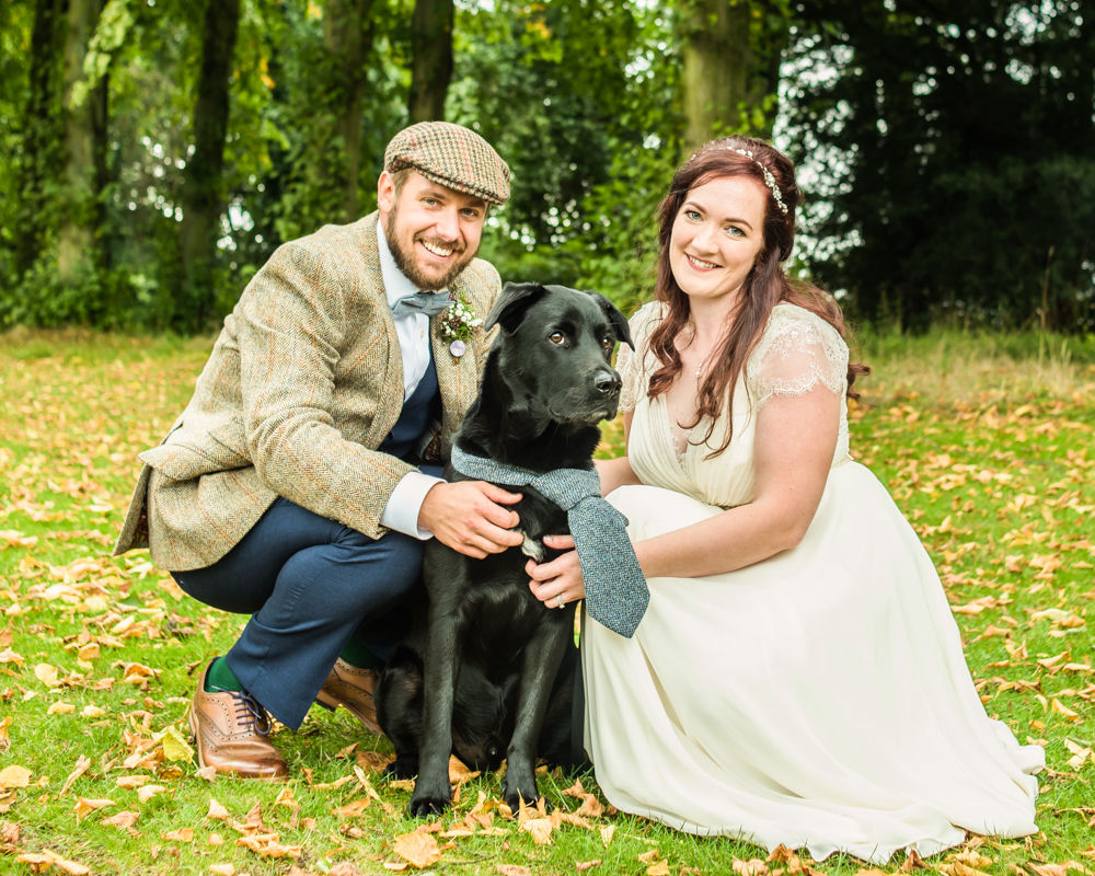 Bride, groom and their dog in matching tie, wedding in Sheffield